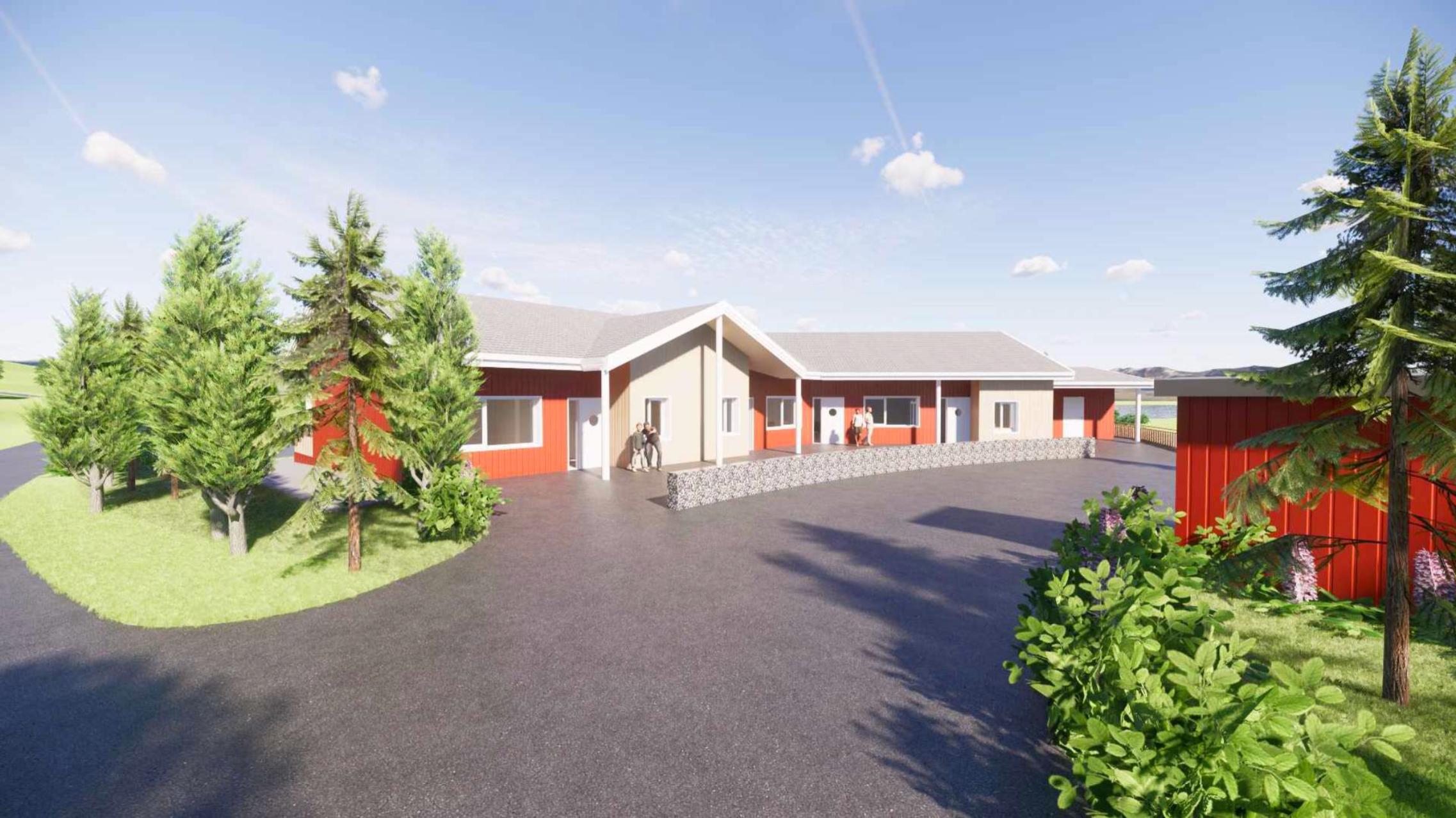 Illustrasjon av inngangsparti med overbygd adkomst, skjermet uteområde og grøntanlegg rundt bygget.